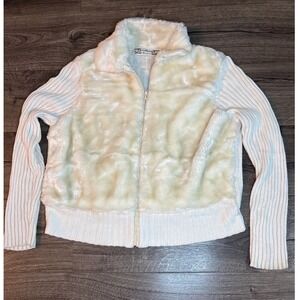 Vintage y2k Tiara Cream Faux Fur Knit Zip Up Jacket Womens XL Ribbed Sleeve